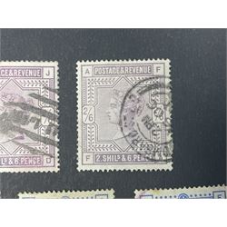 Great Britain Queen Victoria 1883-4 stamps, comprising three two shillings and sixpence, two five shillings and two ten shillings, all used, all previously mounted