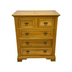 Frank Hudson - contemporary light oak chest, rectangular moulded top over two short and three long drawers, brass oval backplates with circular drop handles, on a moulded plinth base with bracket feet