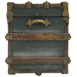 Early 20th century leather bound travelling trunk. teal leather exterior with oak strapping and gilt metal mounts, rectangular hinged top and twin carrying handles