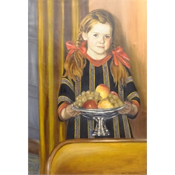 Jens Mølgaard (20th century): Girl Holding a Platter of Fruit, oil on canvas signed 91cm x 63cm