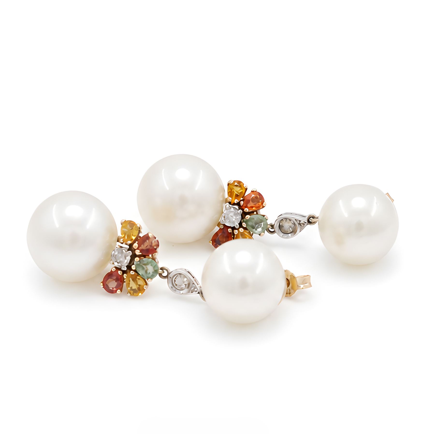 Pair of 14ct white and yellow gold South Sea pearl, diamond and sapphire pendant earrings, each stud set with two pearls, spaced by a single round brilliant cut diamond, suspending a further diamond surrounded by five pear cut yellow, orange and green sapphires, stamped 585