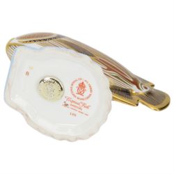 Three Royal Crown Derby Tropical Fish paperweights, comprising Angel Fish, Sweetlips and Gourami, all with gold stoppers and boxes