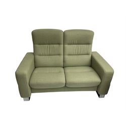 Ekornes Stressless - three seat reclining sofa upholstered in pale green fabric (198cm x 82cm x 100cm), Ekornes Stressless - matching two seat reclining sofa (144cm x 82cm x 100cm), Ekornes Stressless - storage ottoman with hinged seat upholstered in pale green fabric (60cm x 60cm x 42cm)