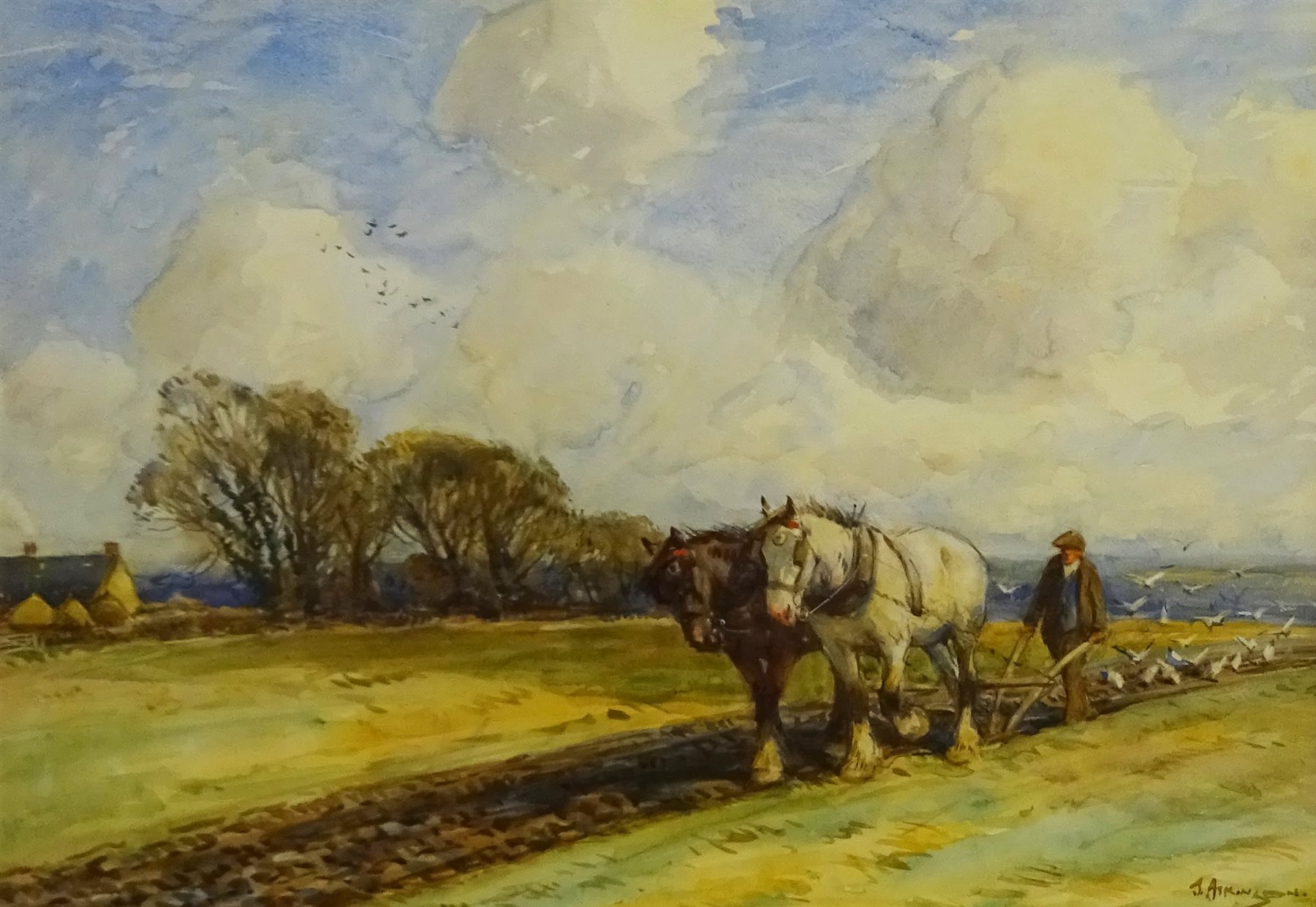 John Atkinson (Staithes Group 1863-1924): Ploughing Team, watercolour signed 37cm x 53cm