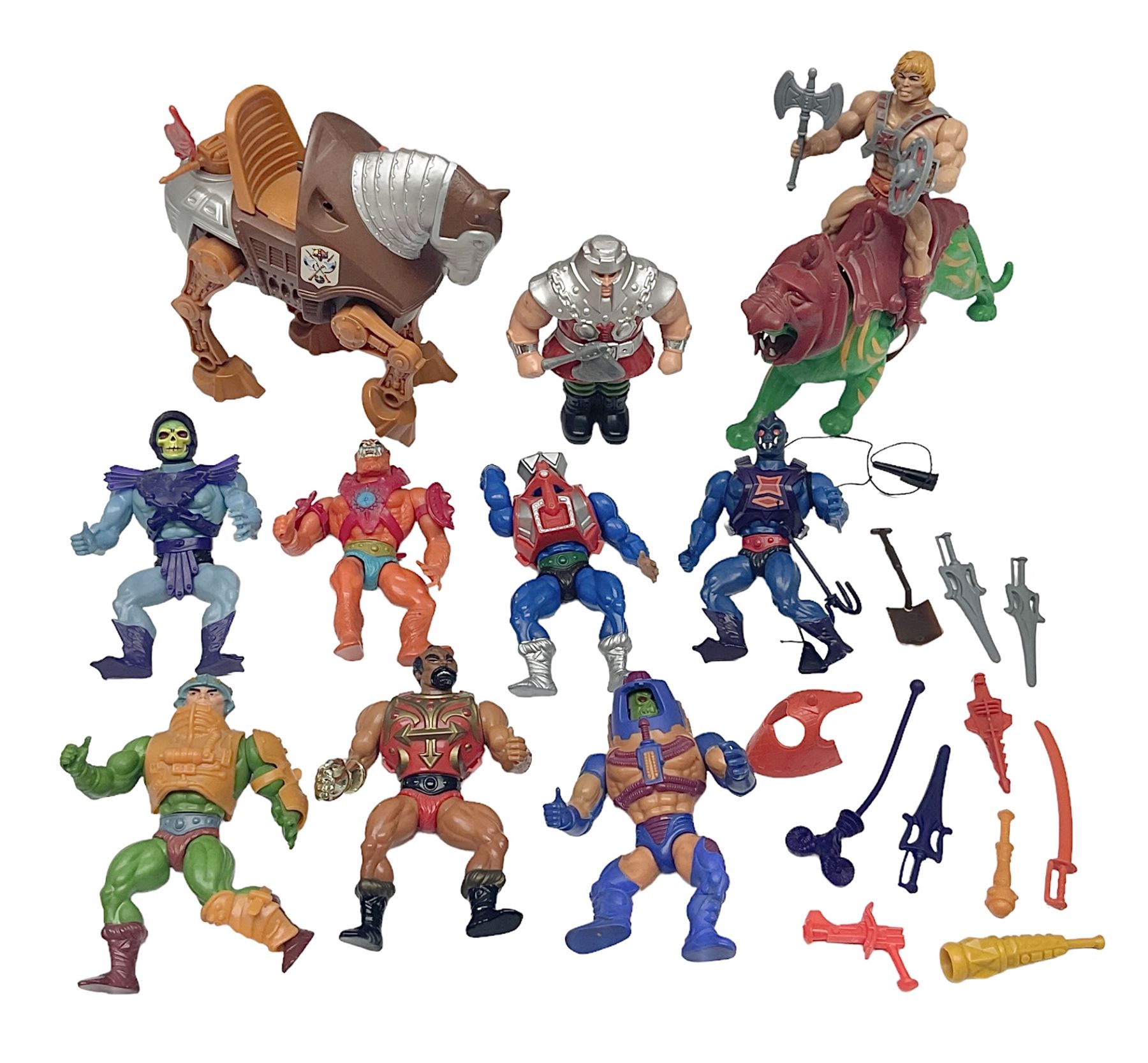 Group of 1980s Masters of the Universe figures to include He-Man, Skeletor, Stridor and Battle Cat, with collection of accessories 