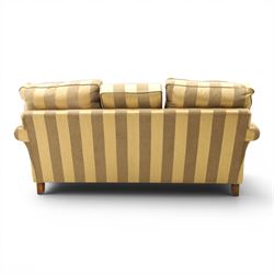 Alstons - 'Ixworth' three seat sofa, upholstered in striped fabric, with loose seat cushions and scrolled arms, front brass castors