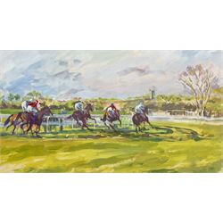 Margery Shotton (British 1943-): 'Rounding the Bends at Sedgefield Races', acrylic signed and dated 2002, titled verso 27cm x 49cm 