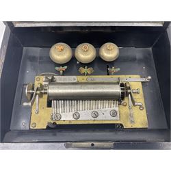 Swiss - 19th-century cylinder music box with three butterfly bells in sight, in a mahogany case with two separately boxed  6” cylinders, glazed viewing lid, 41 tooth comb (one tooth broken) crank key missing, movement untested.