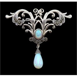 Silver opal and marcasite pendant brooch, stamped 925