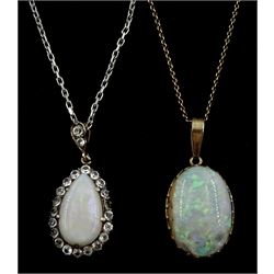 Gold pear shaped opal and clear paste stone pendant, on white gold chin and a gold oval opal pendant necklace, all 9ct