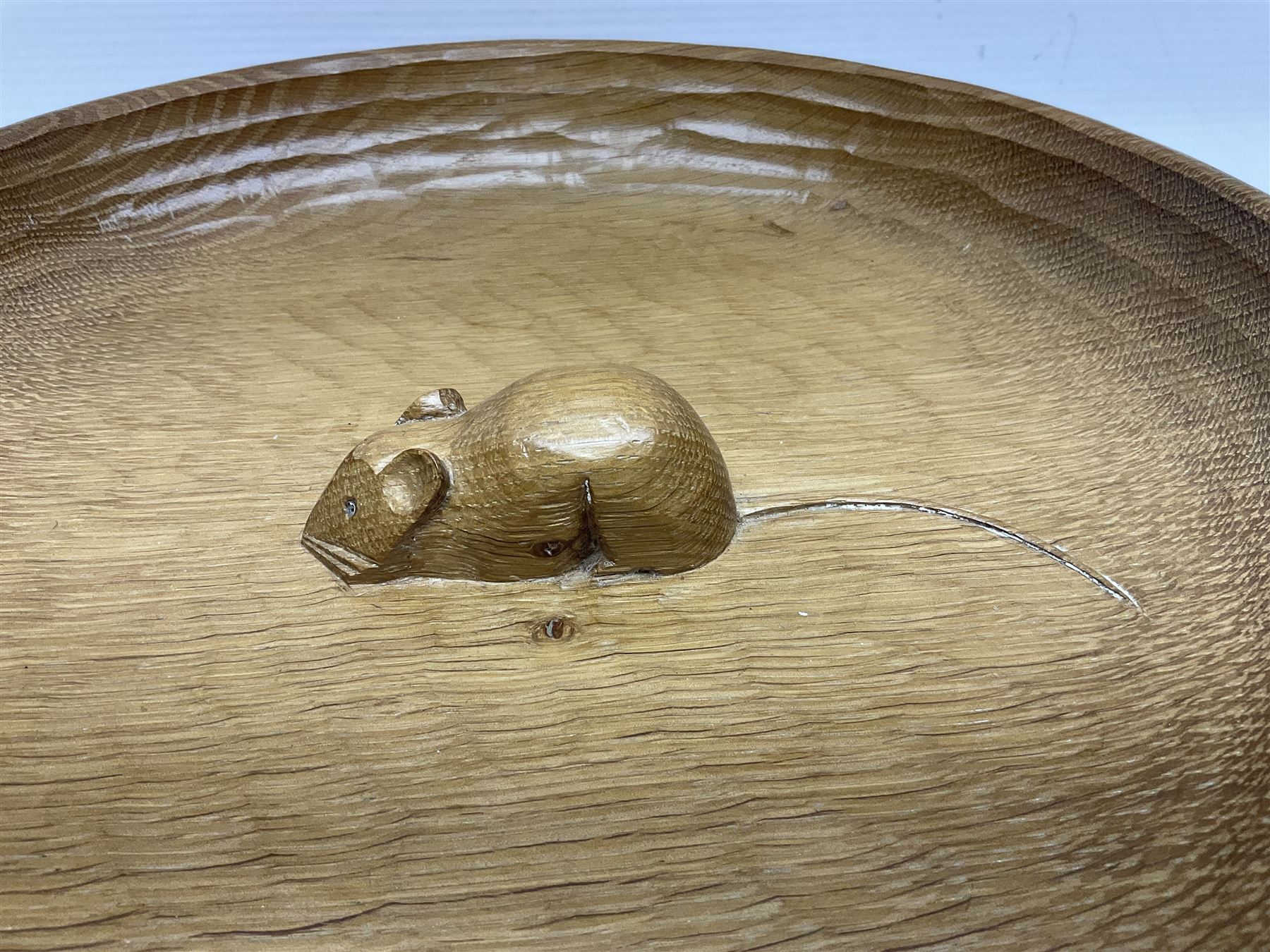 Mouseman - tooled oak fruit bowl, carved with oversized mouse signature, by the workshop of Robert Thompson, Kilburn 