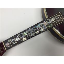 Chinese F-hole eight-string mandolin with sunburst finish, mother-of-pearl inlay of dragons chasing the flaming pearl and dragon carved headstock L71cm