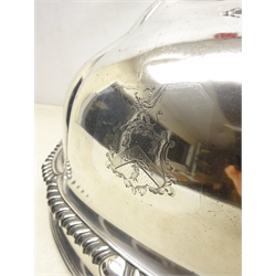  Early Victorian Old Sheffield plate meat dome, oval, partly fluted form, engraved with family crest, surmounted by a detachable scrolling foliate handle, L46cm  