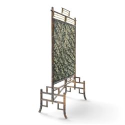 Victorian Aesthetic Movement bamboo framed fire screen, geometric bamboo frame with gilt elements, later applied fabric panel