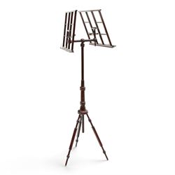 19th century Wheeldon patent telescopic music duet stand, the double adjustable rests over an extendable stem terminating to a turned tripod base