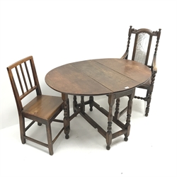 19th century oak drop leaf dining table, turned supports (W90cm, H75cm, D124cm) a barley twist chair, country chair and a bow front corner cupboard (4)