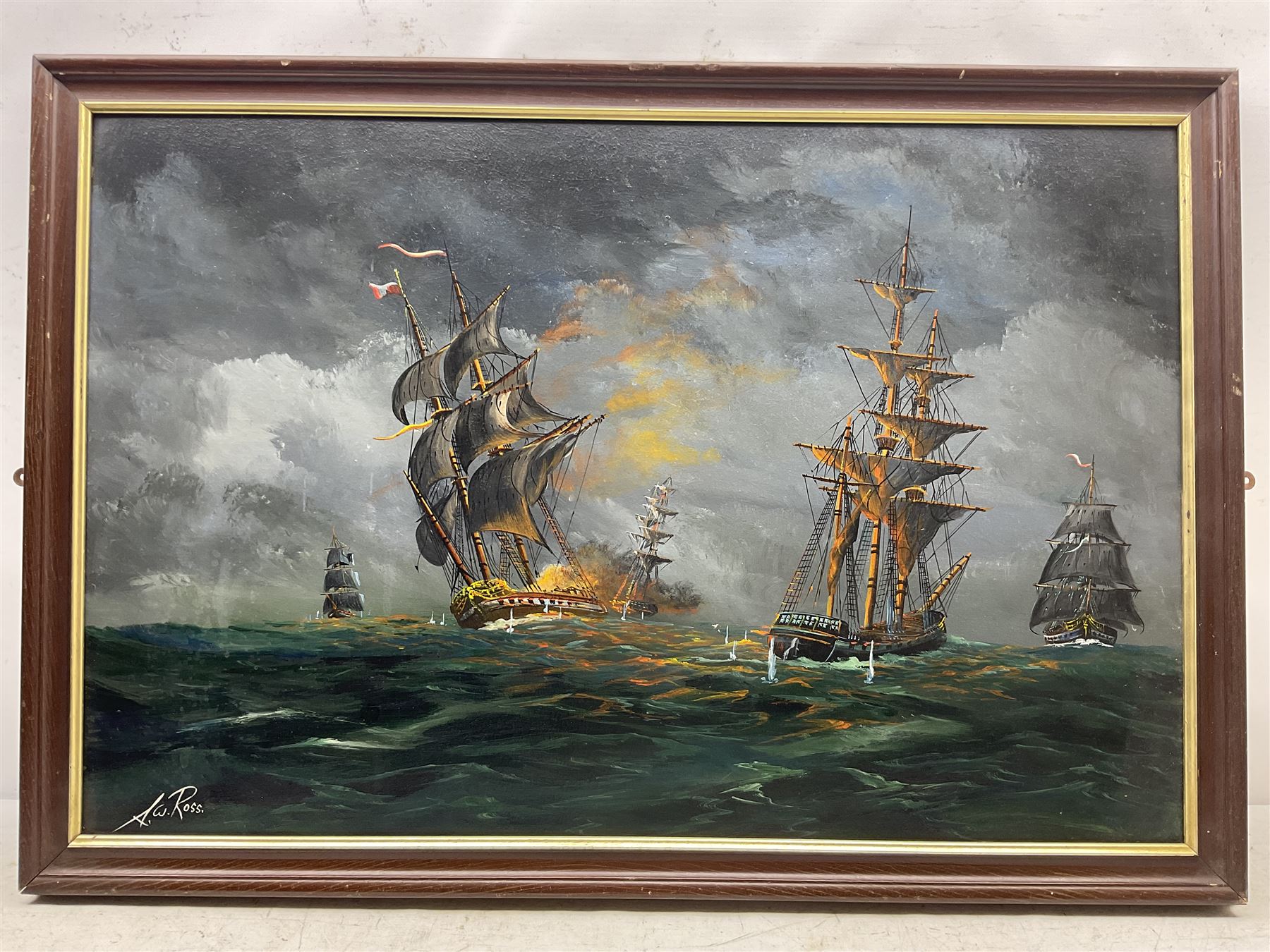 AW Ross (20th century): A Sea Battle, oil on board signed 59cm x 90cm