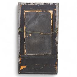 Early 20th-century Arts and Crafts pewter wall mirror, rectangular bevelled mirror plate within a punched pewter frame repoussé decorated with herons among reeds, with a central inset green enamel cabochon panel