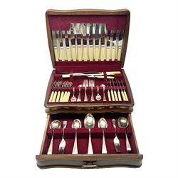 Silver plated canteen of cutlery with ivorine handles, for six plate settings, including fish knives and forks, contained within wooden chest with one drawer