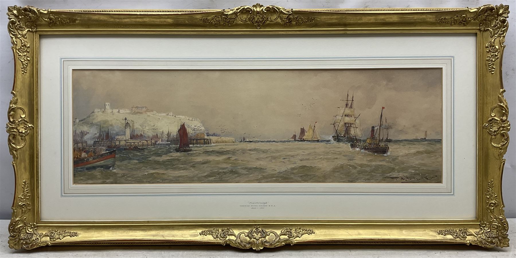 Thomas Bush Hardy RA RBA (British 1842-1897): ‘Off Scarborough’, watercolour signed titled and dated 1895, original John Linn & Sons label verso 22cm x 71cm 
Provenance: private collection, purchased David Duggleby Ltd 23rd June 2017 Lot 1; Bonhams Chester 4th-6th December 2012 Lot 353