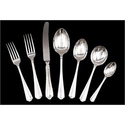 Modern silver Chester pattern flatware for six place settings, comprising table knives, table forks, dessert knives, dessert forks, dessert spoons, soup spoons, teaspoons and two serving spoons, hallmarked United Cutlers Ltd, Sheffield 1998
