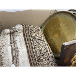 Silver plated jewellery box with foliate decoration and domed hinged lid, further silver plate and other metalware,
Icon of Mary and baby Jesus on wood, quantity of craved treen, rug etc