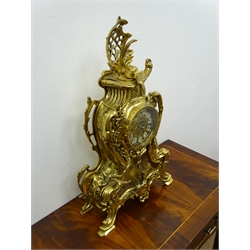  Rococo style cast brass mantle clock, circular dial with visible pendulum, modern quartz movement, H49cm  