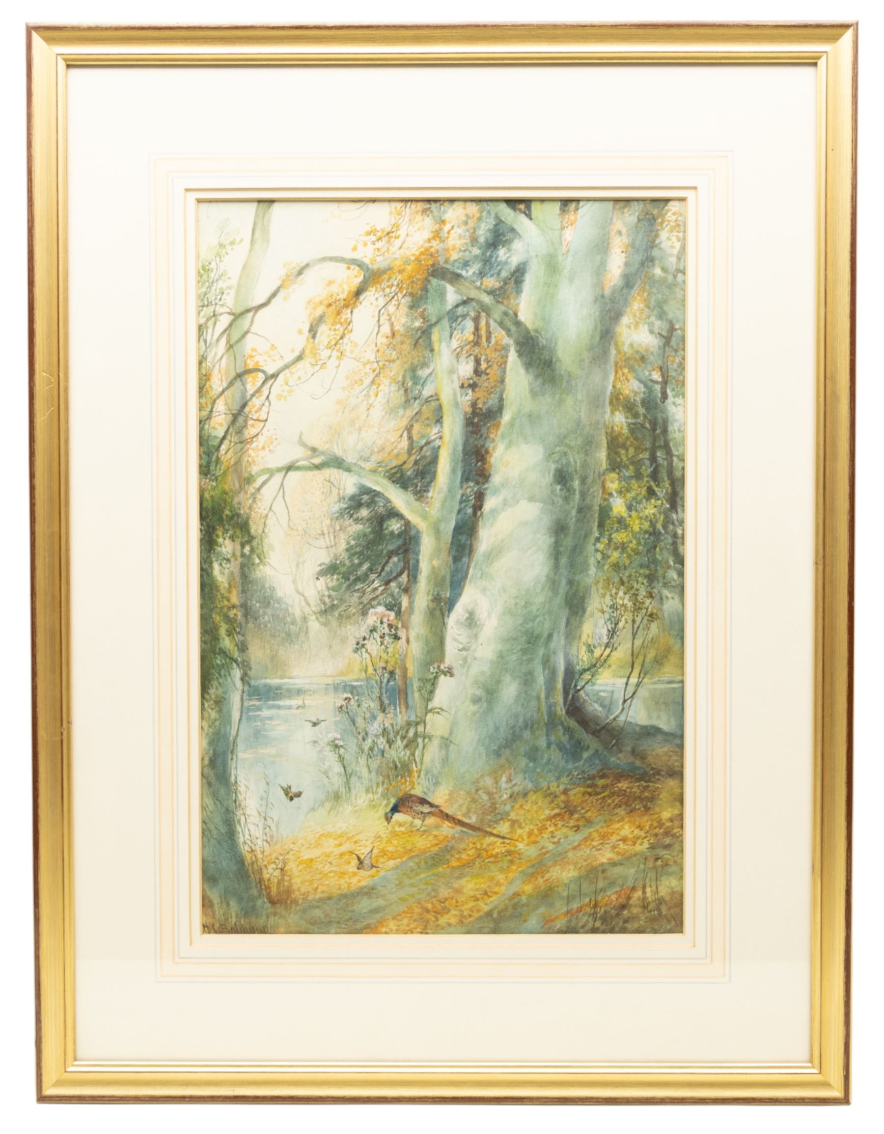 Charles Henry Clifford Baldwin (British 1849-1943): Woodland Lake Scene with Birds and Pheasants, set three watercolours signed max 45cm x 29cm (3) 
Notes: Baldwin was a longstanding artist for Royal Worcester