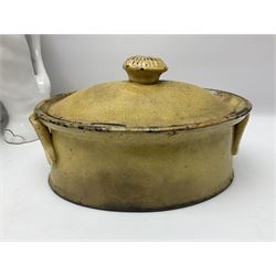 White glazed elephant jardiniere stand; Capo di Mote table centre-piece; and French game-pie dish