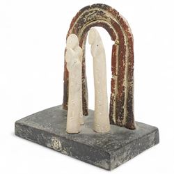 John Maltby (British 1936-2020): 'Three Figures and Archway', figural stoneware sculpture, signed titled and dated 2005 to base, impressed mark to front of base, W19cm H22cm