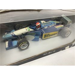 Three Paul's Model Art Grand Prix 1:18 scale die-cast racing cars - Sauber Mercedes C13 A. De Cesaris G.P. Canada 1994; Ferrari F 93 A Jean Alesi; and Benetton B 194/5 Showcar 1995 J. Herbert; all boxed (3)