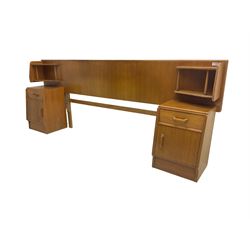 G-Plan - 'Brandon' oak headboard with open shelves to each side (W222cm H86cm), with two matching bedside cupboards, fitted with single drawer over cupboard (W37cm H53cm)