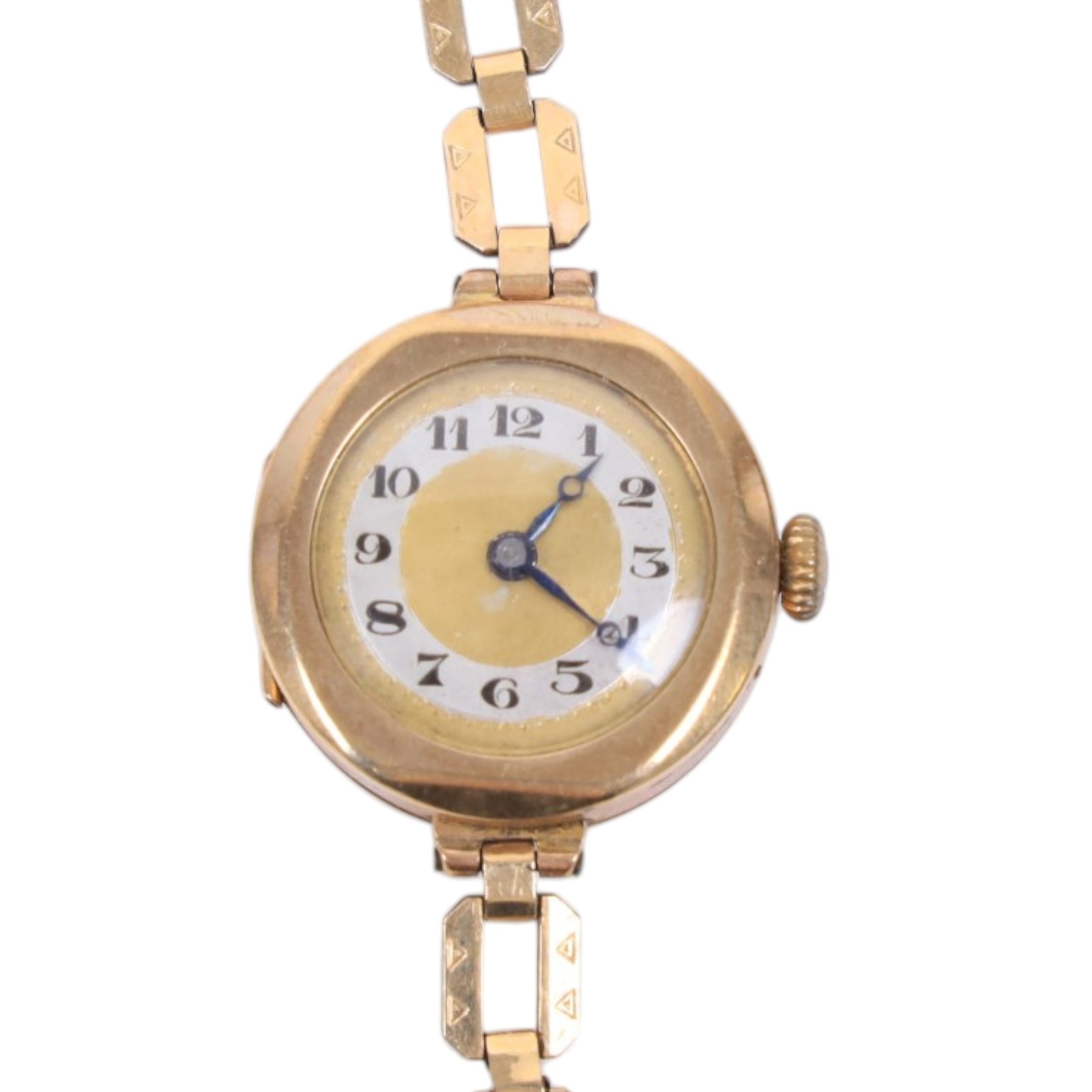 9ct gold cased ladies wristwatch, on rolled gold bracelet, together with a 15ct gold propelling pencil, gold plated compass, silver marcasite cameo bracelet and gold plated cross pendant propelling pencil