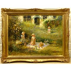 Paul J Attfield (British 1950-): Picnic in the Garden, oil on canvas signed 45cm x 60cm