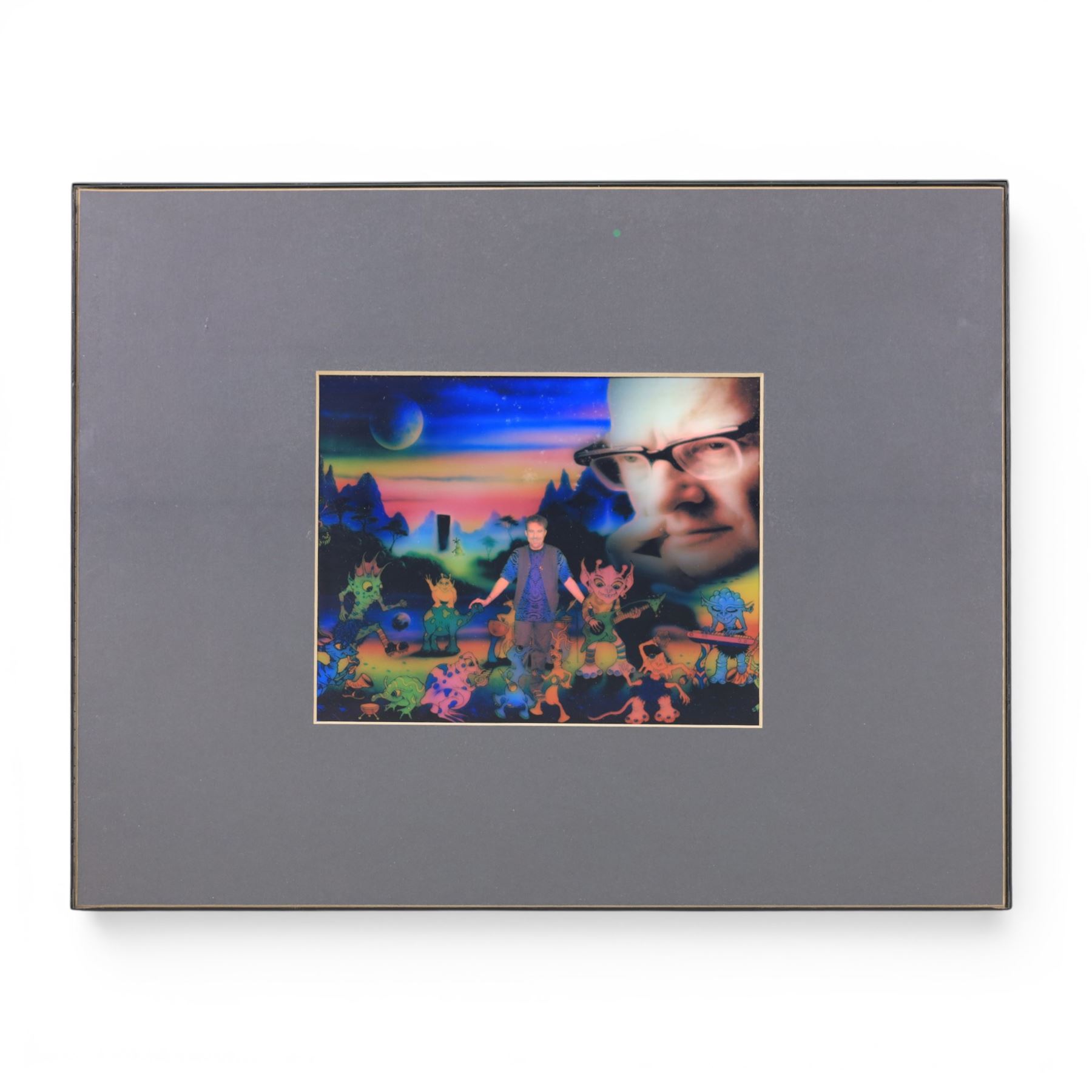 Danny Flynn (British 1958-): digital print of for a 90s TV show that never came to air featuring Danny Flynn in the centre and Arthur C Clarke looking on, two limited edition signed prints of a bluebell wood, two further signed limited edition prints of birds in surreal landscapes and a collection of postcards, three prints framed, largest H34cm

Notes: This item is from the private collection of Arthur C. Clarke's brother.