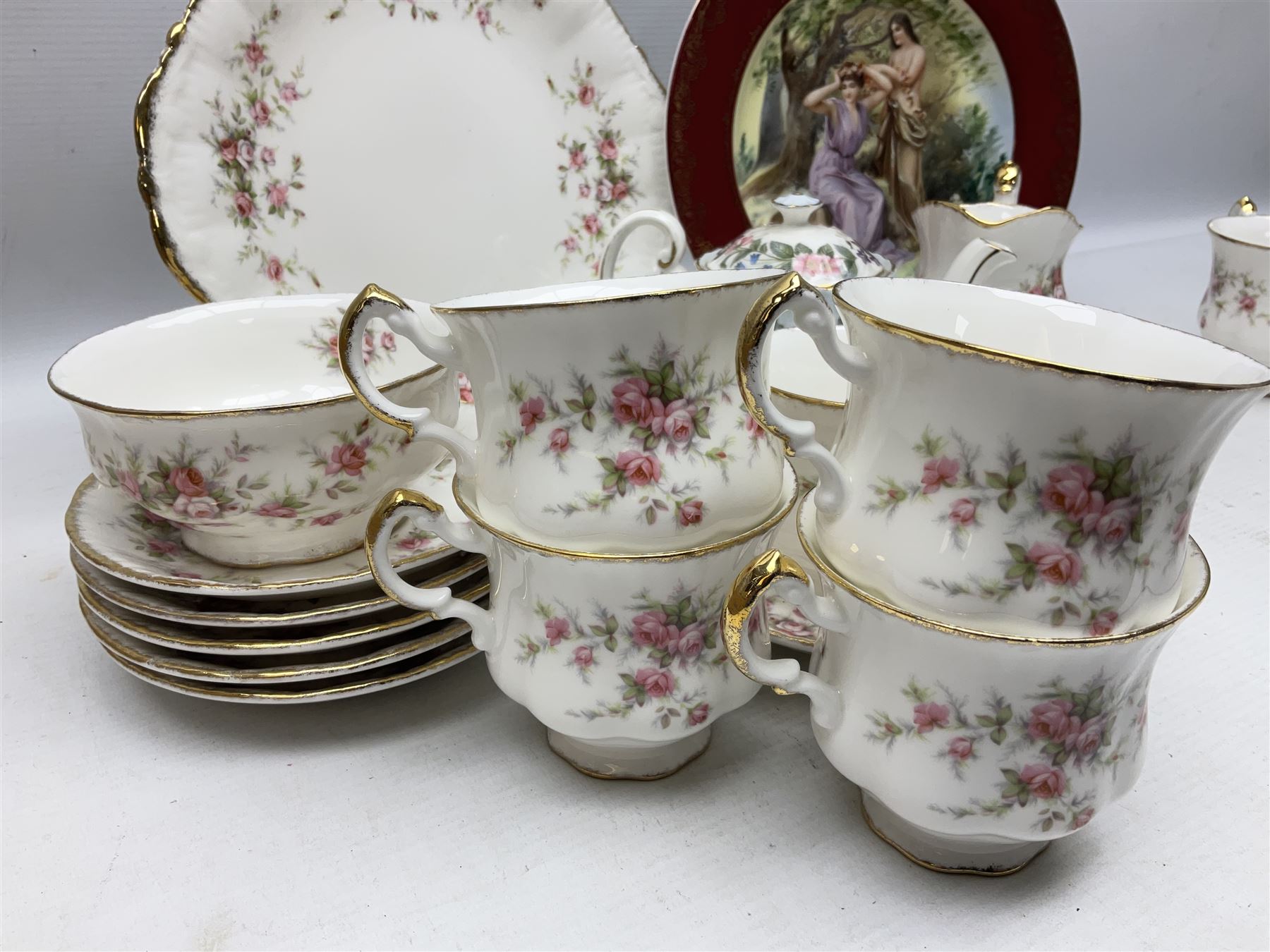 Paragon Victoriana Rose pattern tea service six and Paragon Country Lane pattern tea service for two and Vienna style plate