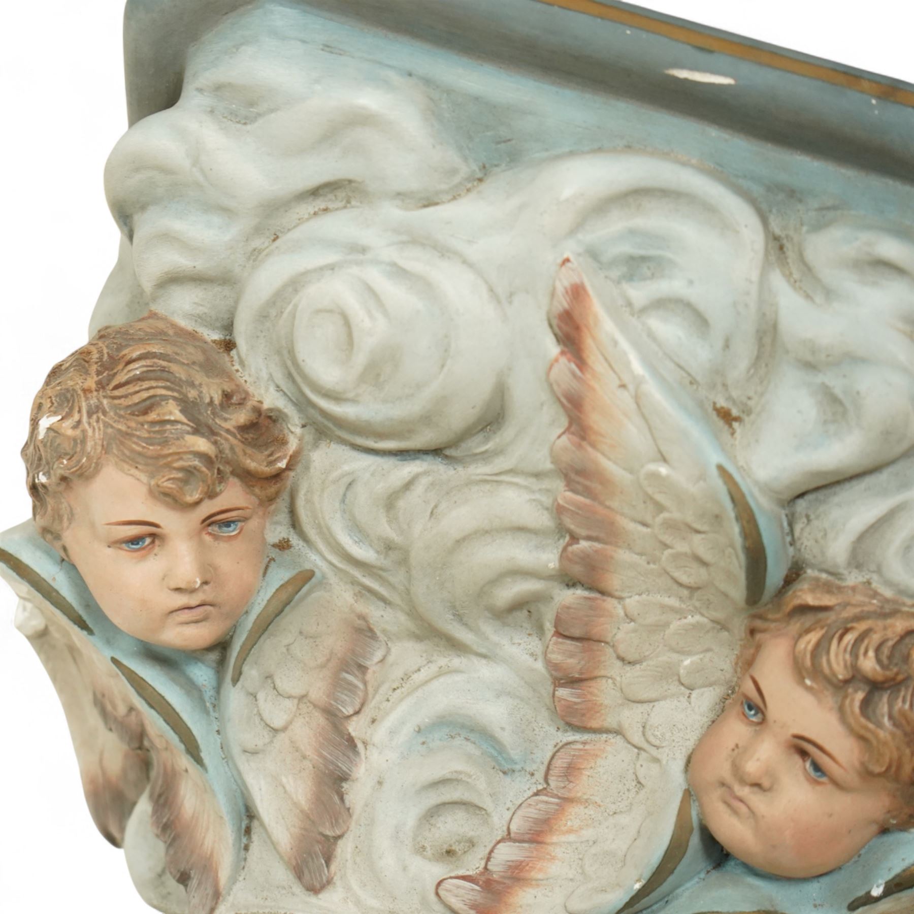 Set of three Belgian wall cornices, each with moulded shelf top above polychrome painted cherubic and rococo scroll ornament

Pale green (H 43cm, D 42cm, W 39cm)
Painted cherubs (H 51cm, D 47cm, W 49cm)
Darker green (H 46cm, D 42cm, W 50cm)