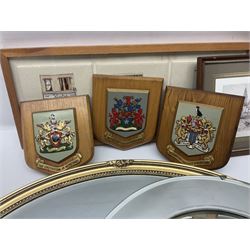 Two ceramic plaques by Richard Fisher, together with wooden plaques, artwork and three mirrors 