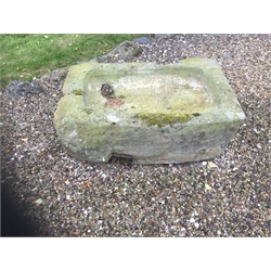 19th century rectangular stone trough, W84cm, H31cm, D61cm.  This lot is located in Hunmanby, Scarborough YO14 and sold in situ – viewing by appointment only, please contact to arrange.