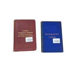 Collection of late 19th and early 20th century travel books, including Cook's Handbook for Palestine and Syria (1911), Cook's Traveller's Handbook Constantinople, Gallipoli & Asia Minor (1923), three Black's Guide Books, Somerset (1899), Normandy (1913), and Kent (18930, etc