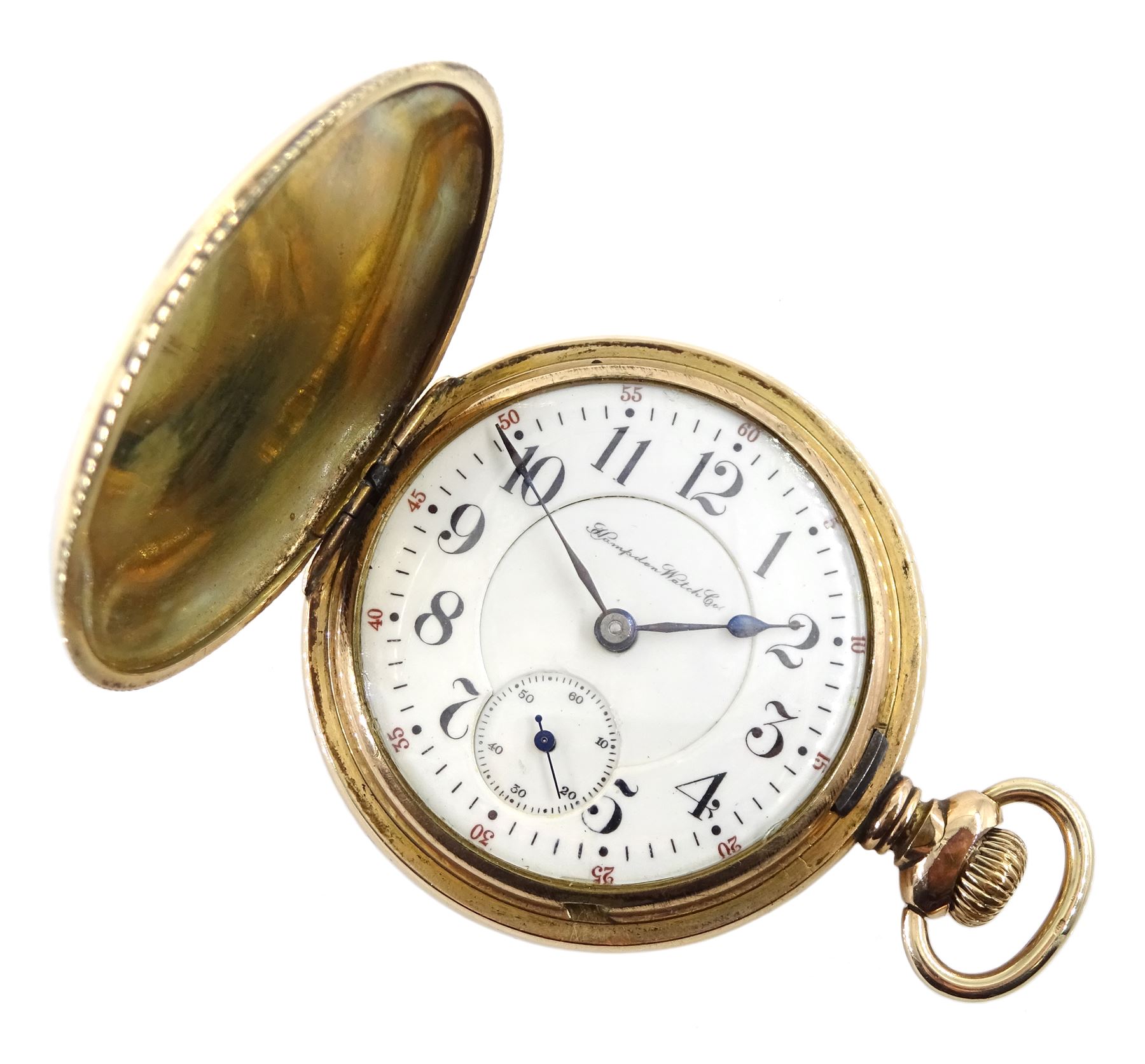 American gold-plated full hunter, 21 jewels keyless pocket watch by Hampden Watch Co, No. 1406468, the movement signed 'North American Railway', white enamel dial with Arabic numerals and subsidiary seconds dial, the case front decorated with applied cartouche and coloured flowers, the reverse depicting a stag within a floral wreath