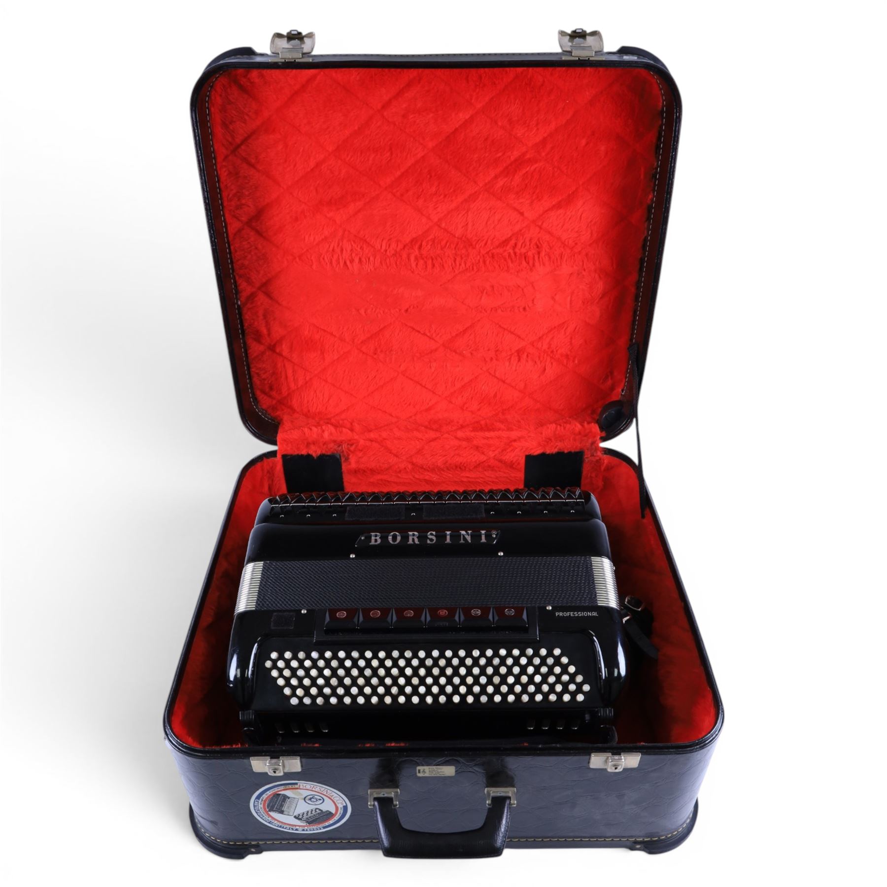 Borsini Professional 5-Row Chromatic button accordion, with 92 white pearlescent chromatic buttons and 136 bass buttons, possibly a custom model, in black high gloss case, with carry strap and original hard carrycase