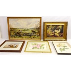  Collection of pictures including Fox Hunting, 20th century oil on canvas board signed by Mary Kipling, Hens, colour print in ornate gilt frame, A Hopeless Dawn, watercolour after Frank Bramley by M Sawer dated 1913 etc max 50cm x 75cm (13)   
