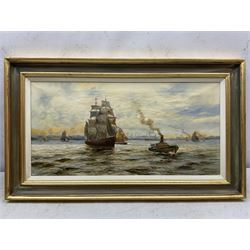 A Turner (British 19th century): Steam Tug Pulling a Two Masted Ship, oil on canvas signed 30cm x 60cm