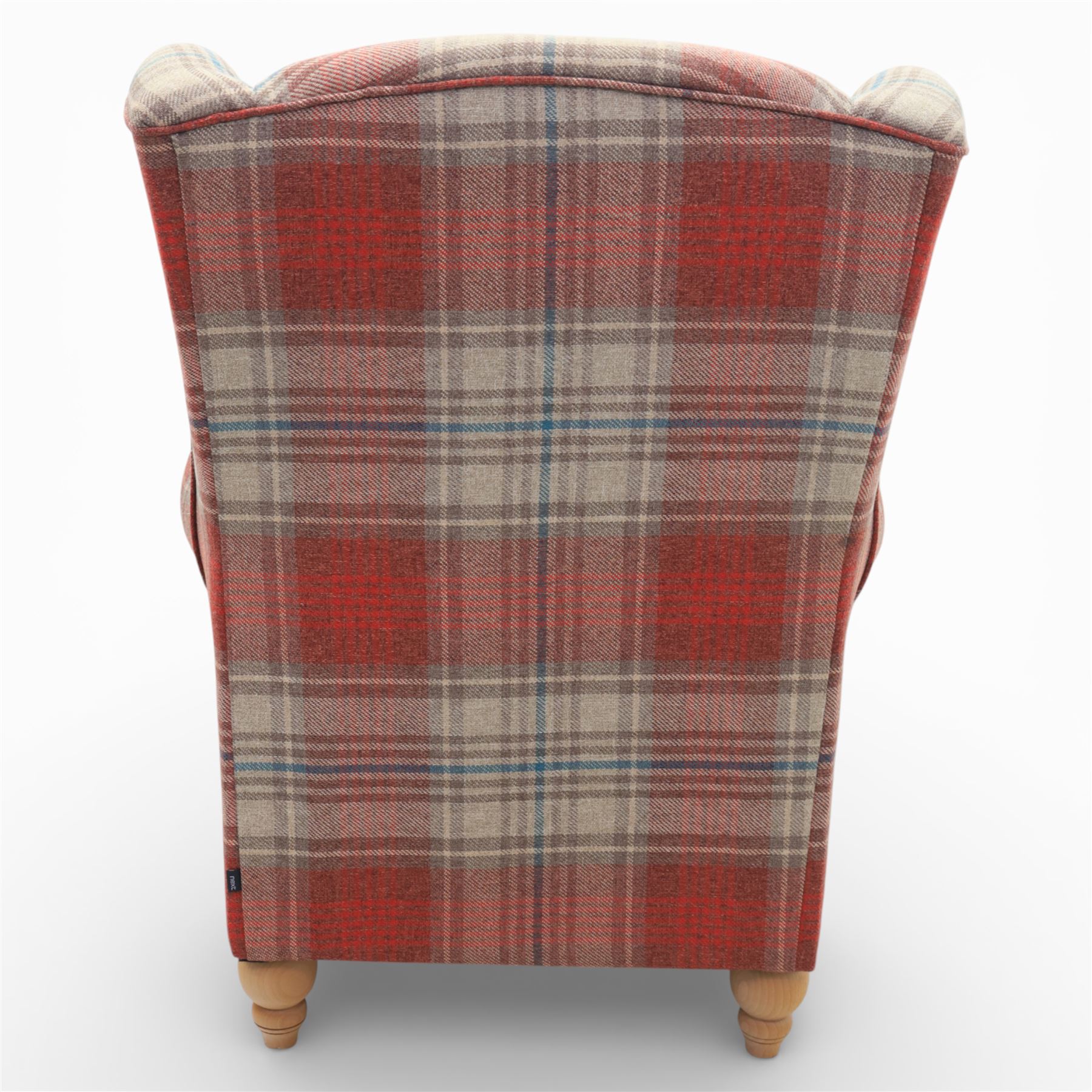 Next Home - Contemporary wingback reclining armchair, high winged back with padded sides, scroll arms, upholstered throughout in red and beige check fabric, loose seat cushion, fitted with a reclining mechanism, raised on short turned wooden 