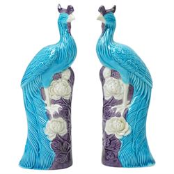 Pair of Chinese turquoise glazed phoenix figures, H20.5cm, together with a set of four crane figures perched upon stumps, H8.5cm (6)