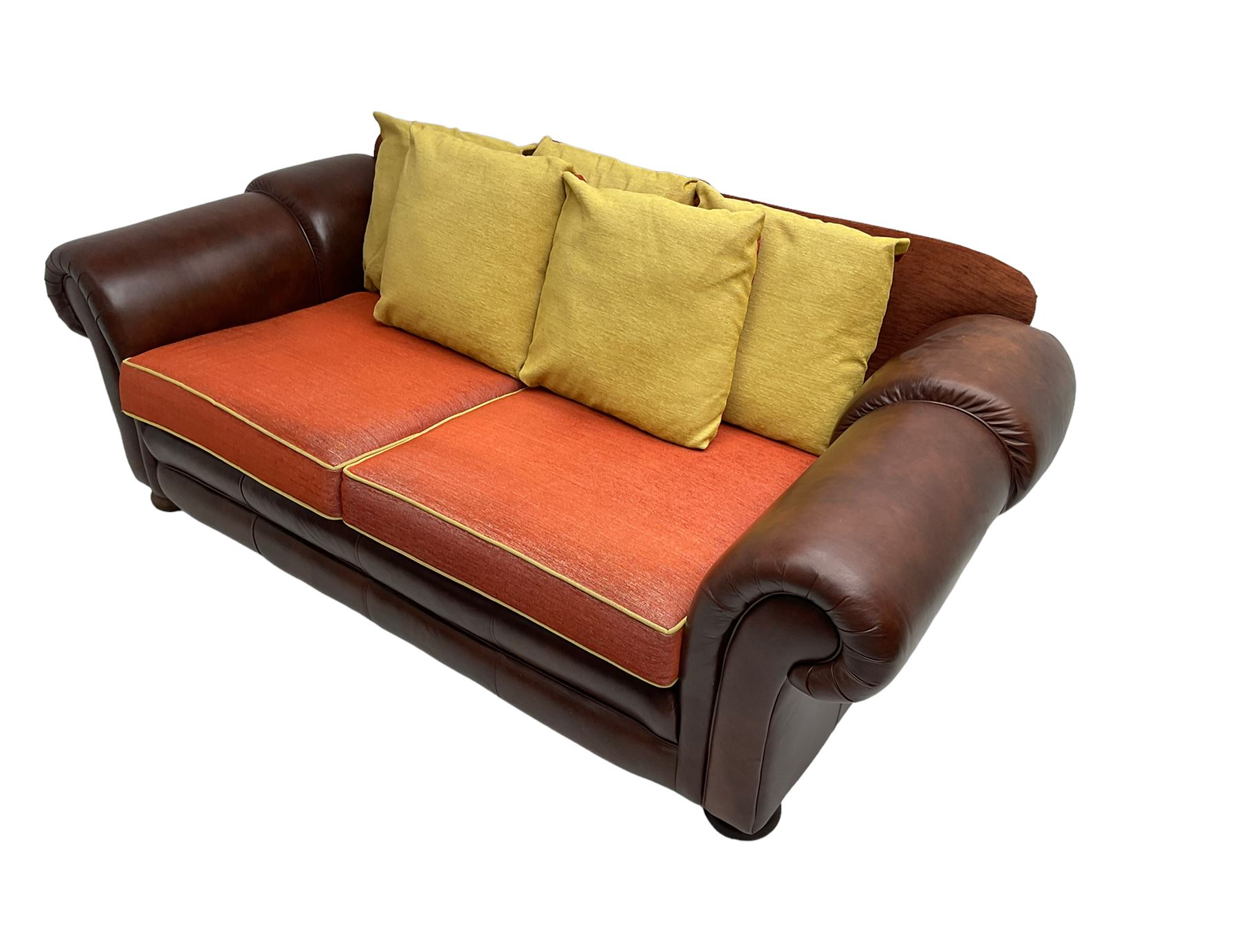 Gainsborough Lounge Suites - three piece leather and fabric lounge suite - pair two seat sofas (W225cm, H82cm, D105cm), and matching armchair (W88cm), on turned front feet with scatter cushions