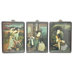 Set of three 20th century Chinese wall hanging panels, each depicting a female figure, framed and glazed and with gilt metal wall hanging surmounts, H70, L48cm