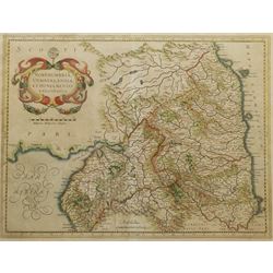 Henricus Hondius II (Dutch 1597-1651): 'Northumbria Cumberlandia et Dunelmensis Episcopatus' - Bishoprics of Northumbria, Cumberland, and Durham, 17th/18th century engraved map with later hand-colouring 35cm x 47cm