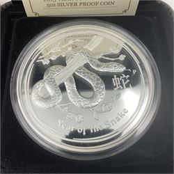 Queen Elizabeth II Australia 2013 'Australian Lunar Silver Coin Series II Year of the Snake' silver proof five ounce coin, cased with certificate